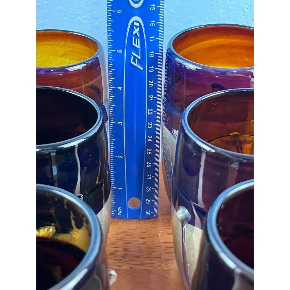 VTG Frederck Warren Art Glass Tumblers Set of 6 Amber Cobalt Iridescent